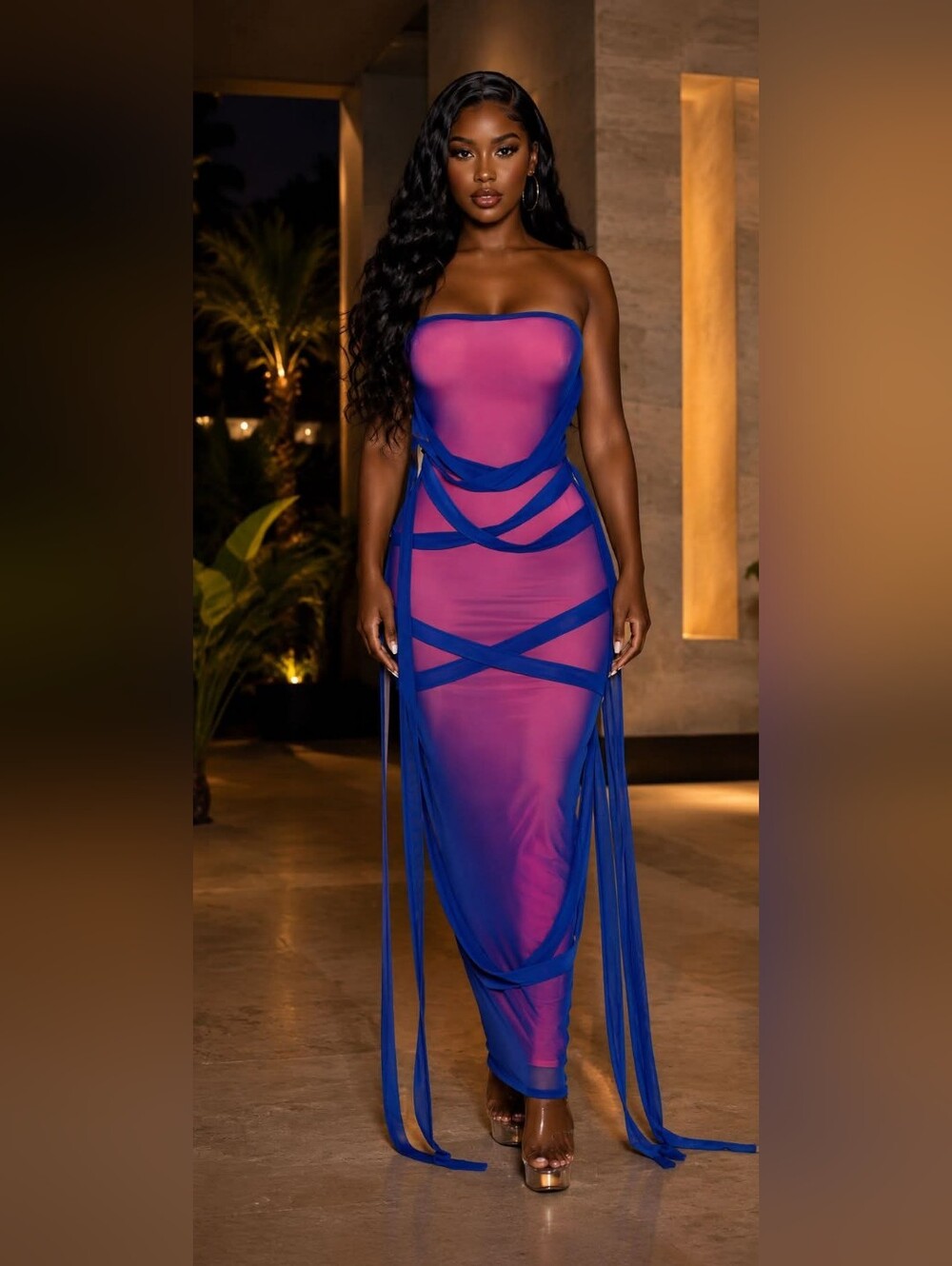 FashionNova Strapless Blue & Pink Sheer Maxi Dress